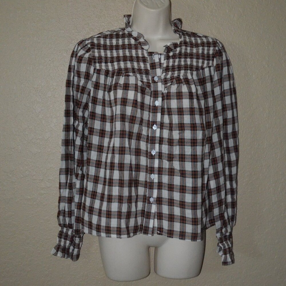 NWT $166 Sz S The Shirt Rochelle Behrens Brown Plaid Nicole Blouse